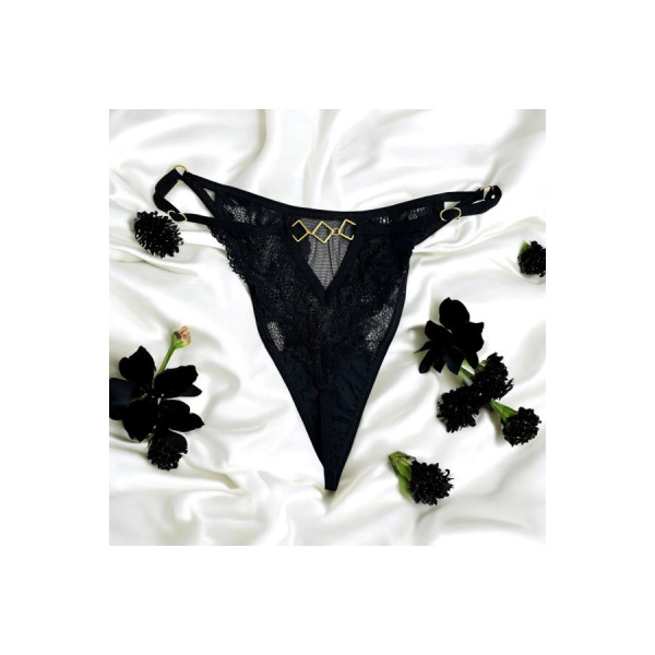 Tanga noir en dentelle avec bijou losanges dorés 